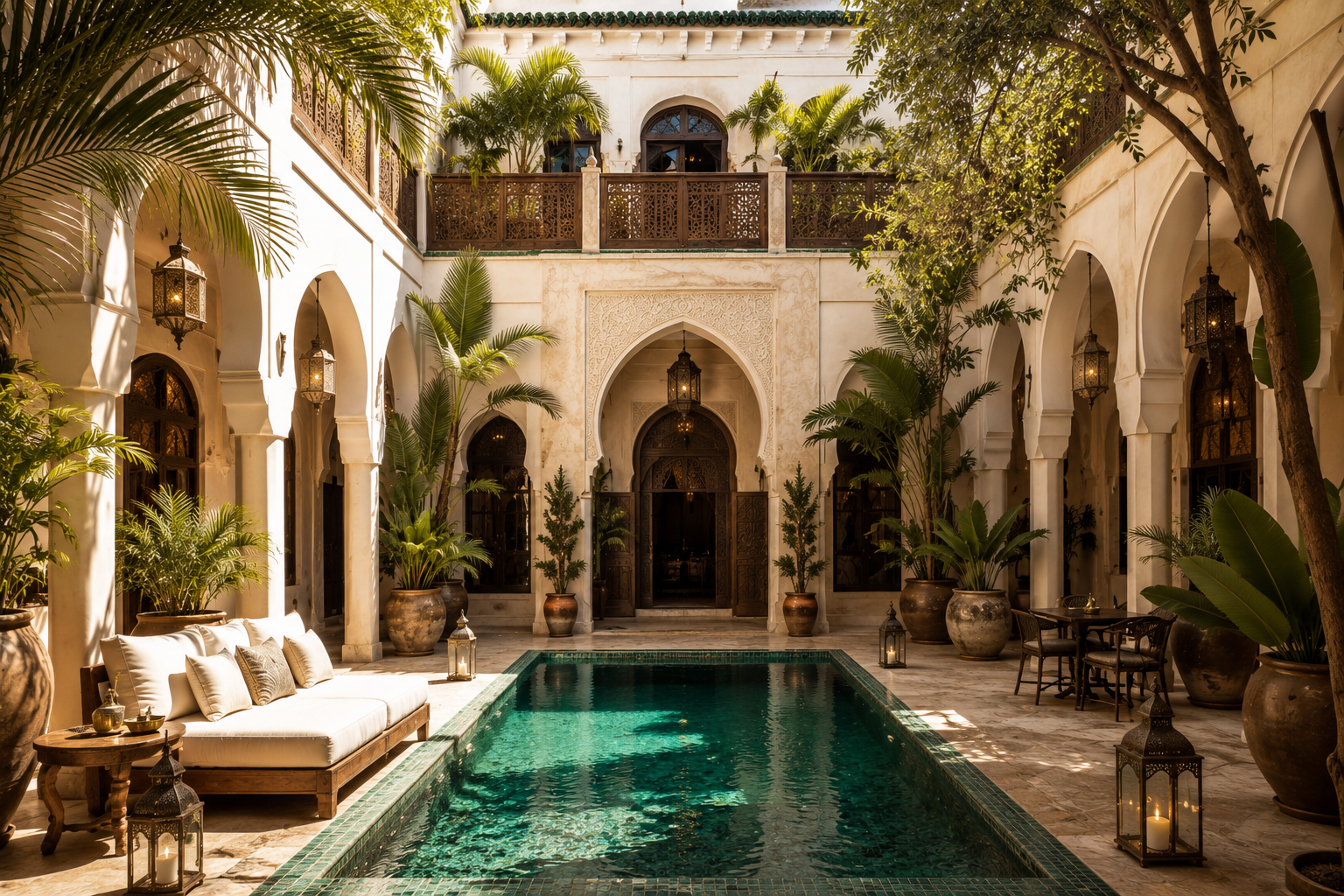 Moroccan courtyard with a pool and carved arches